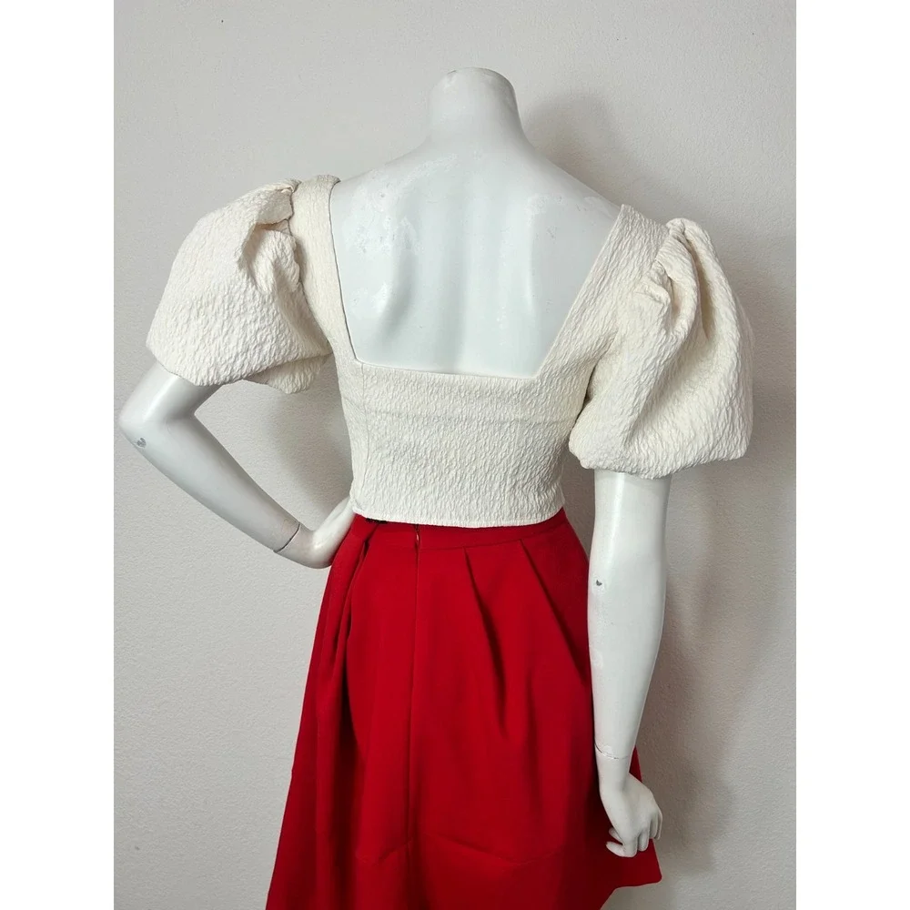 Zara Textured Puff Sleeve Crop Top NWT M Cream Square Neck Corset Blouse Barmaid
